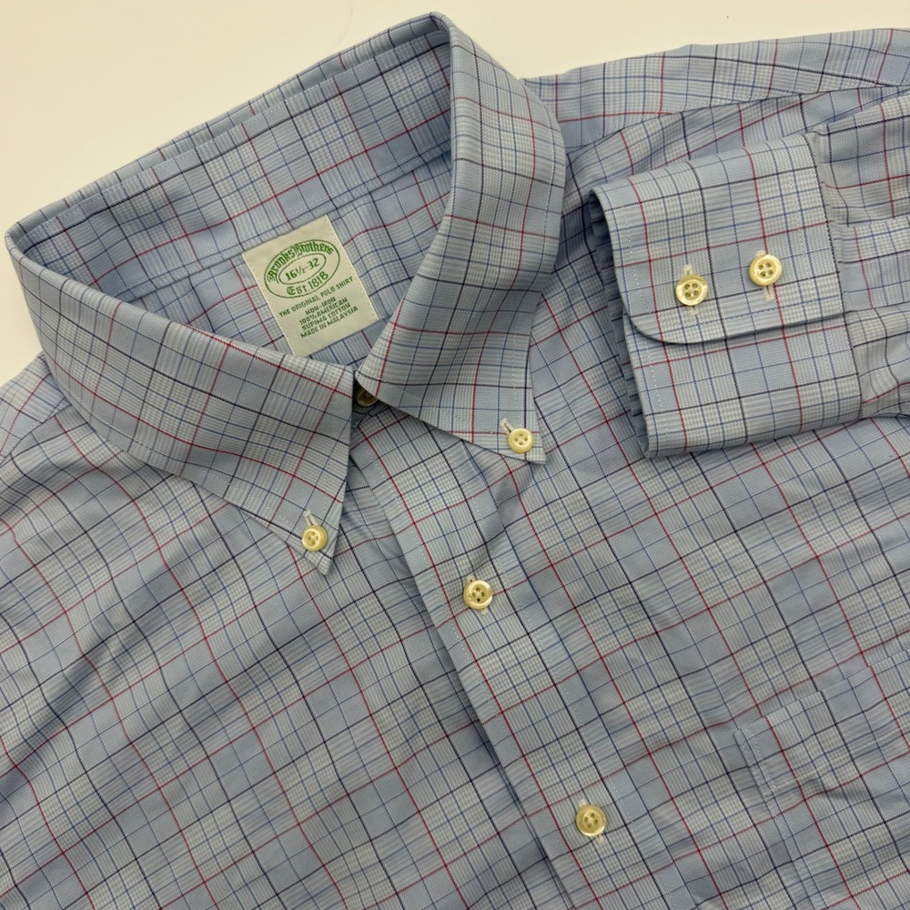 Brooks Brothers Non-Iron Blue Tattersall Supima Cotton Dress Shirt 16.5 32